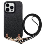 For iPhone 16 Pro Litchi Pattern Case with Lanyard Shockproof PC PU Leather Cover