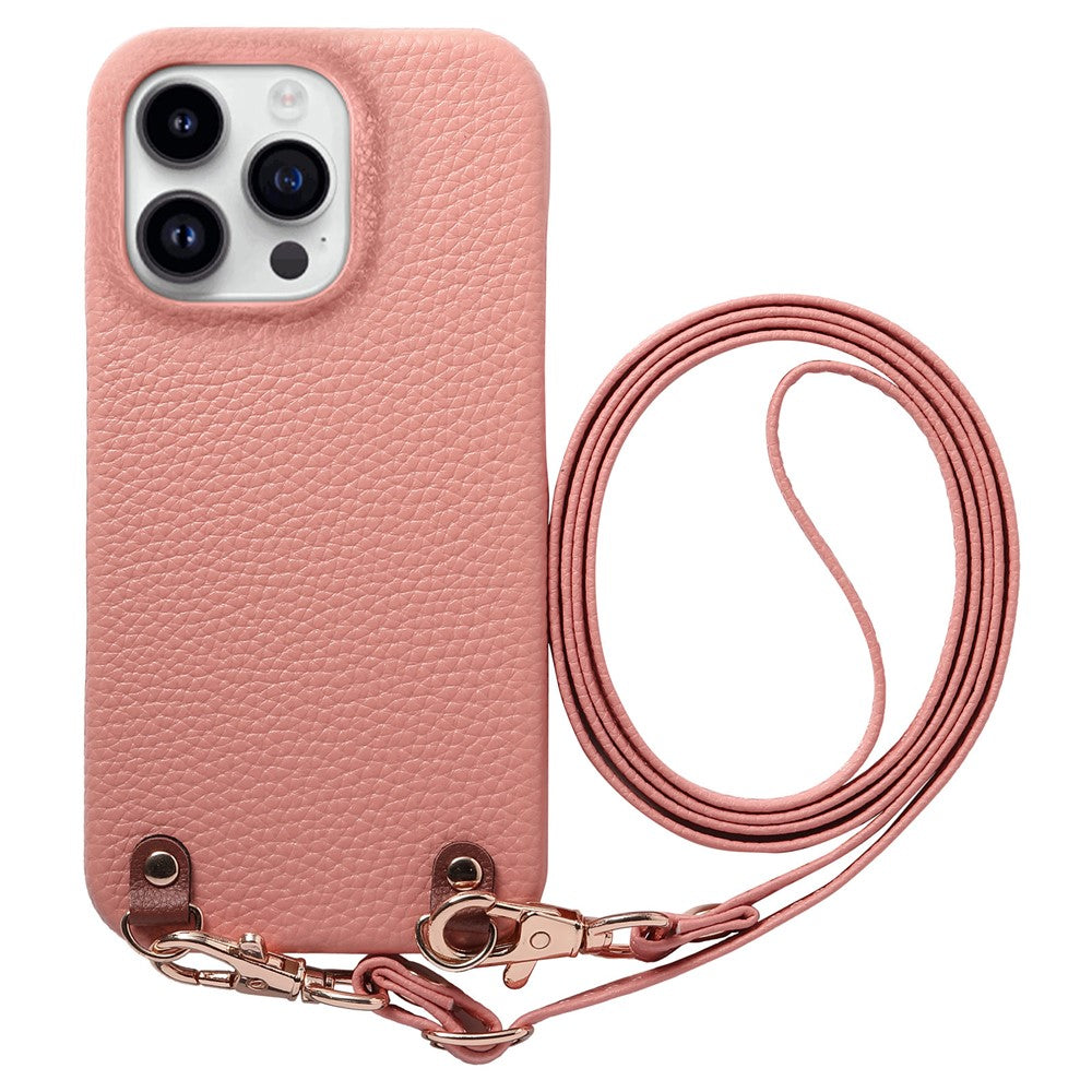 For iPhone 16 Pro Litchi Pattern Case with Lanyard Shockproof PC PU Leather Cover
