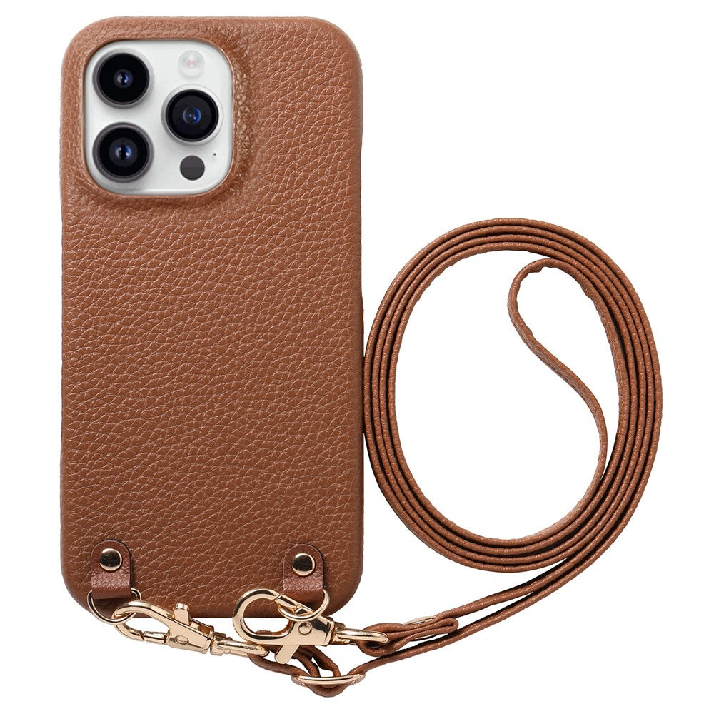 For iPhone 16 Pro Max Litchi Pattern Case with Lanyard Shockproof PC PU Leather Cover