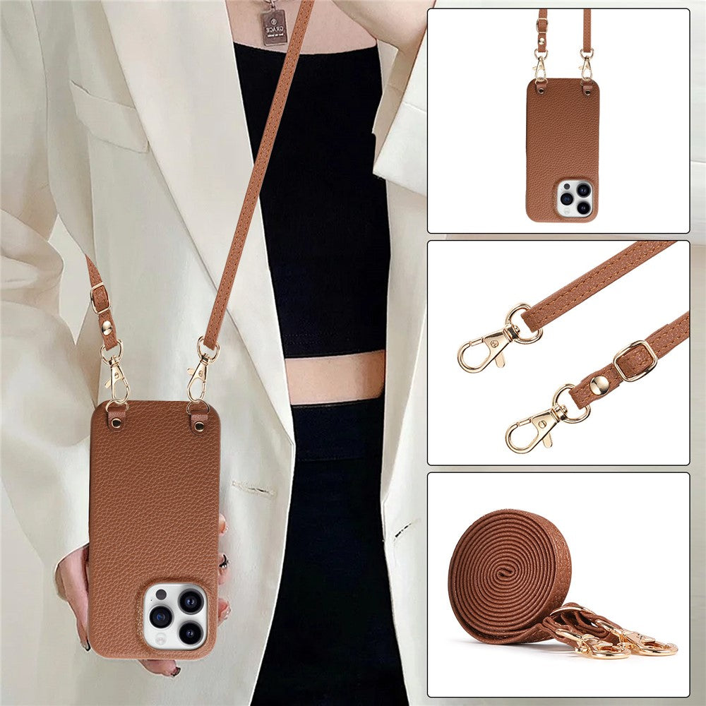 For iPhone 16 Pro Max Litchi Pattern Case with Lanyard Shockproof PC PU Leather Cover