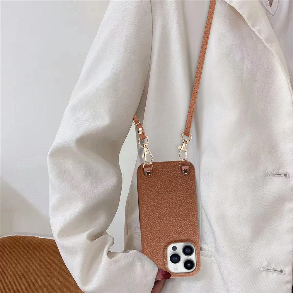 For iPhone 16 Pro Max Litchi Pattern Case with Lanyard Shockproof PC PU Leather Cover