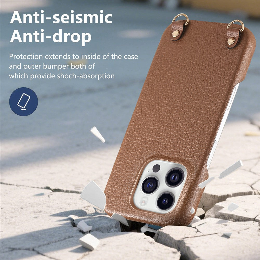 For iPhone 16 Pro Max Litchi Pattern Case with Lanyard Shockproof PC PU Leather Cover