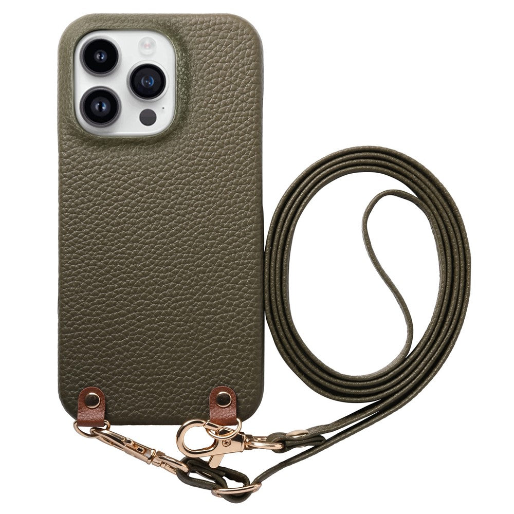 For iPhone 16 Pro Max Litchi Pattern Case with Lanyard Shockproof PC PU Leather Cover