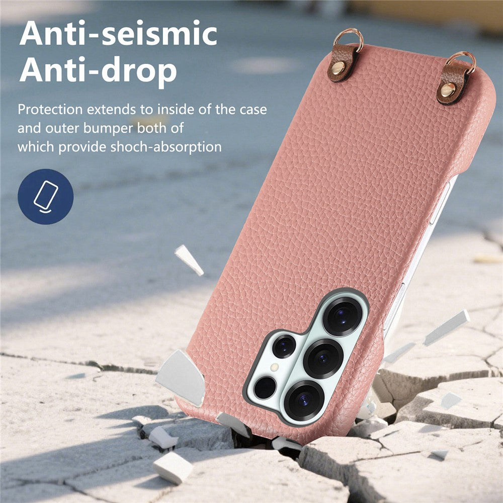 For Samsung Galaxy S26 Ultra Litchi Pattern Case with Lanyard Shockproof PC PU Leather Cover