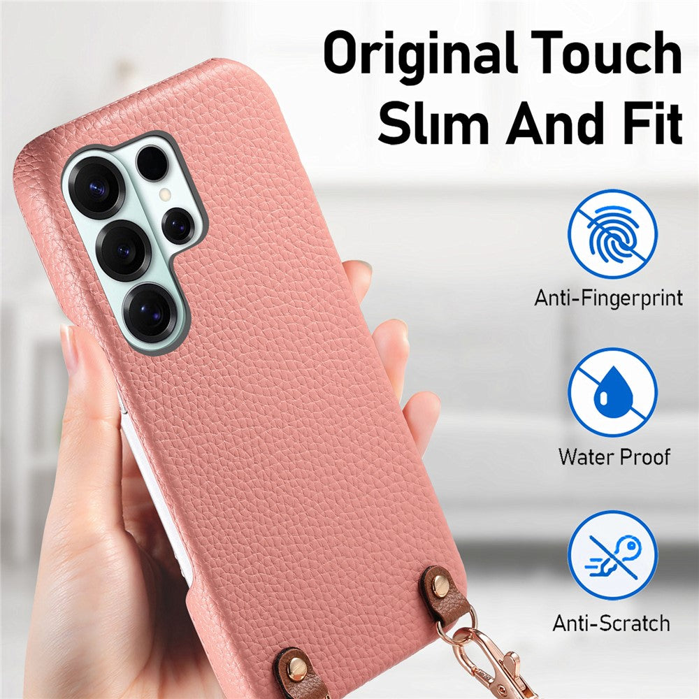 For Samsung Galaxy S26 Ultra Litchi Pattern Case with Lanyard Shockproof PC PU Leather Cover