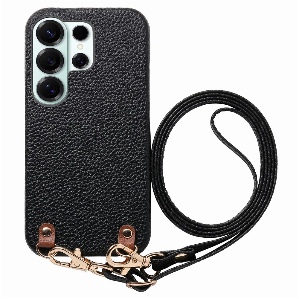 For Samsung Galaxy S26 Ultra Litchi Pattern Case with Lanyard Shockproof PC PU Leather Cover