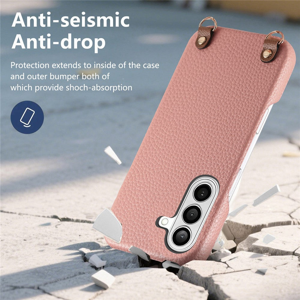 Til Samsung Galaxy A16 5G / A16 4G Litchi-mønster cover med snor Stødsikkert PC PU læder cover