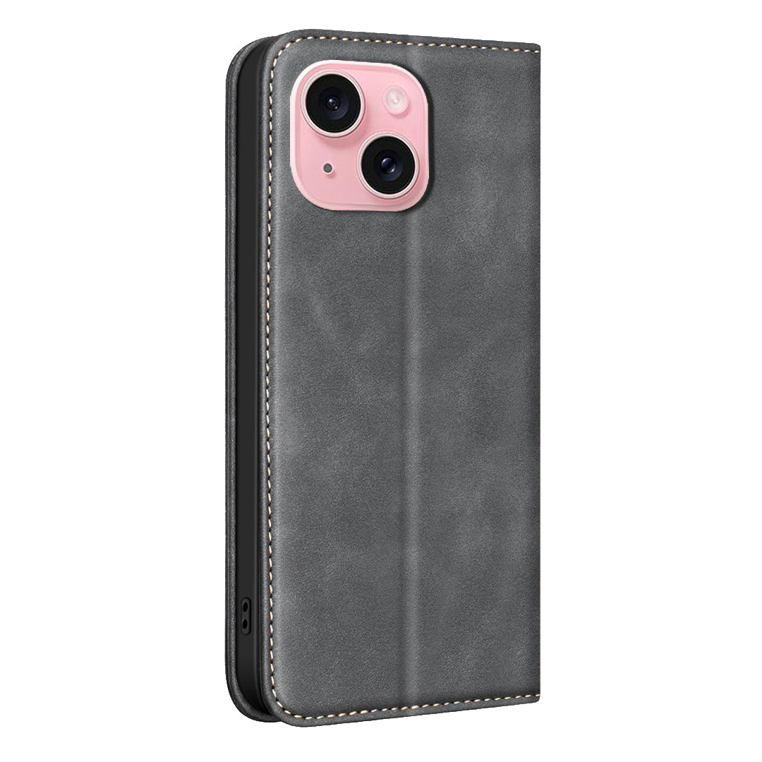 BINFEN COLOR for iPhone 15 RFID Blocking Calf Texture PU Leather Phone Cover