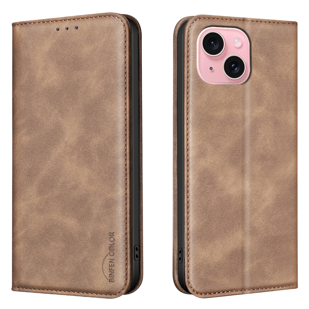 BINFEN COLOR for iPhone 15 RFID Blocking Calf Texture PU Leather Phone Cover