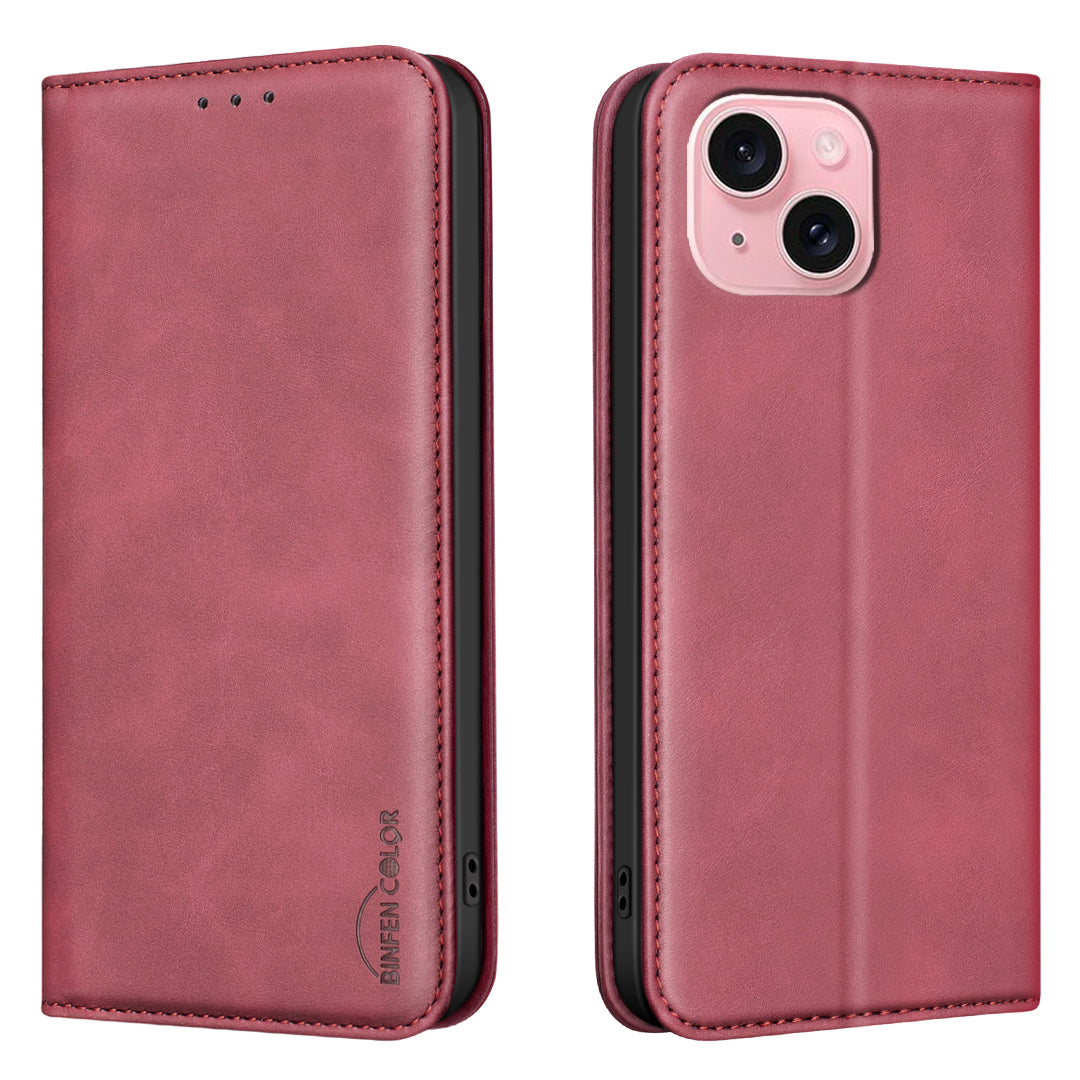 BINFEN COLOR for iPhone 15 RFID Blocking Calf Texture PU Leather Phone Cover