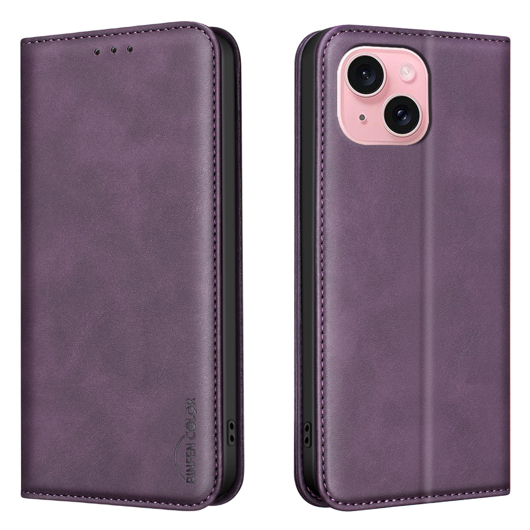 BINFEN COLOR for iPhone 15 RFID Blocking Calf Texture PU Leather Phone Cover