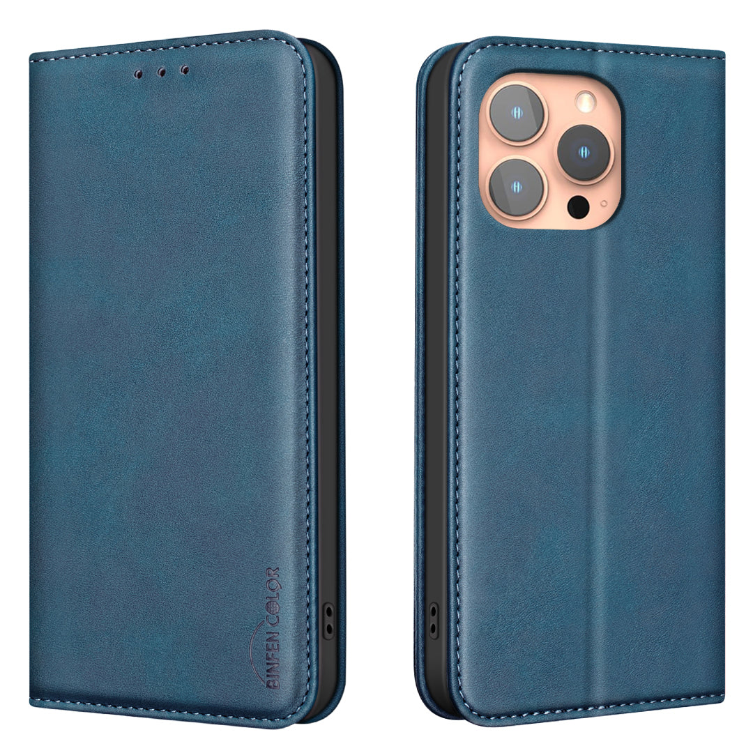 BINFEN COLOR for iPhone 14 Pro RFID Blocking Calf Texture PU Leather Phone Cover