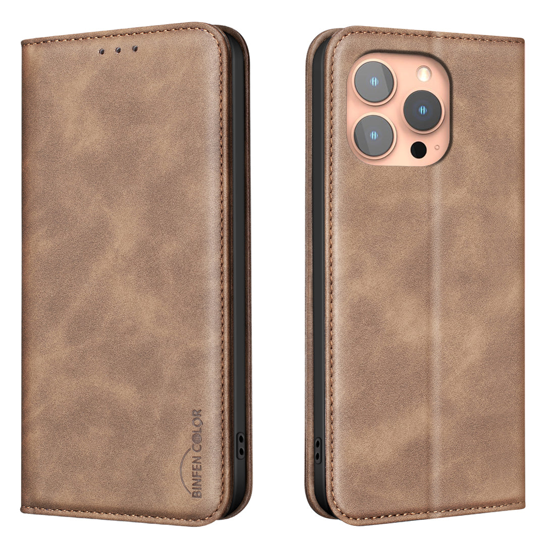 BINFEN COLOR til iPhone 13 Pro RFID Blokerende Kalvetekstur PU Læder Telefoncover