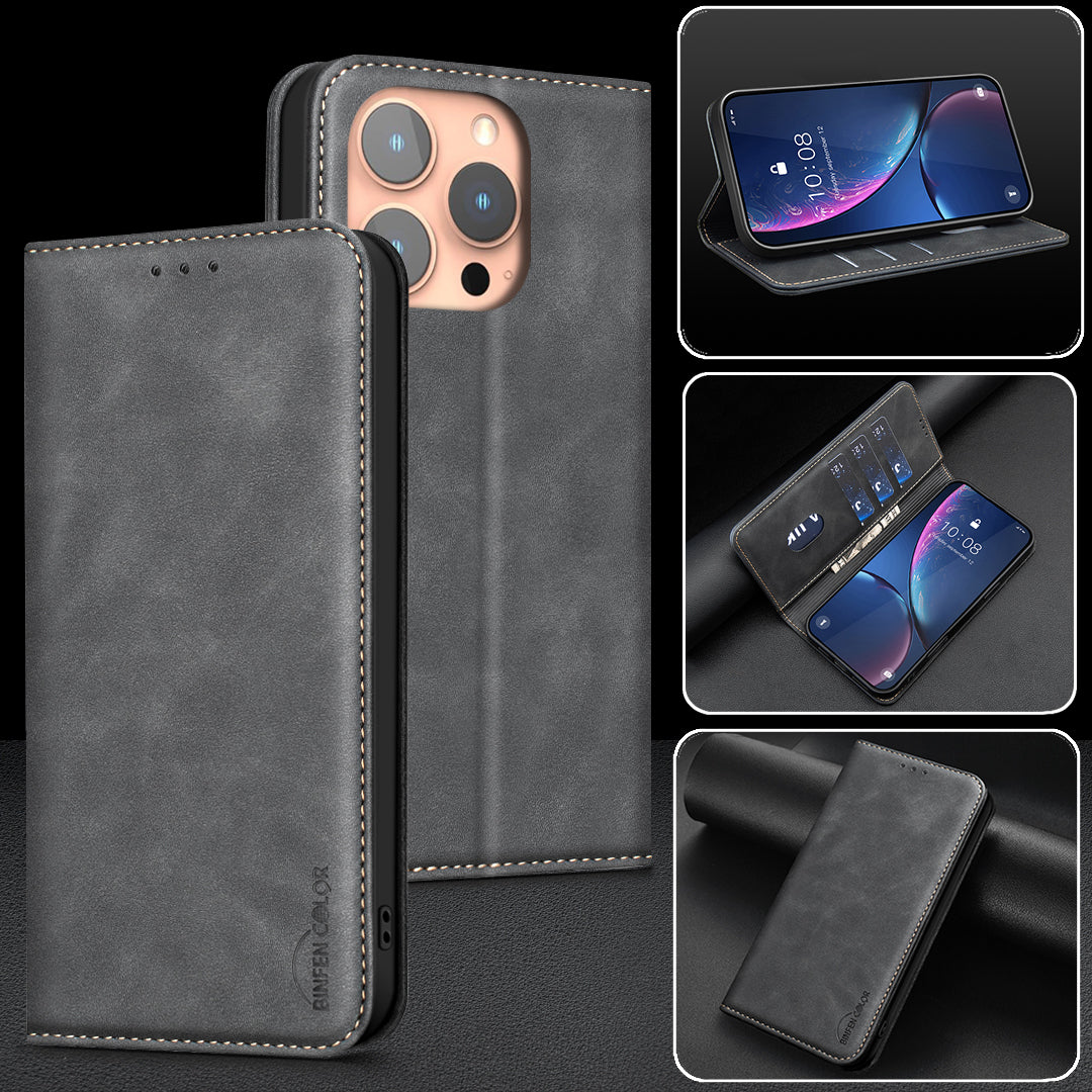 BINFEN COLOR for iPhone 13 Pro Max RFID Blocking Calf Texture PU Leather Phone Cover