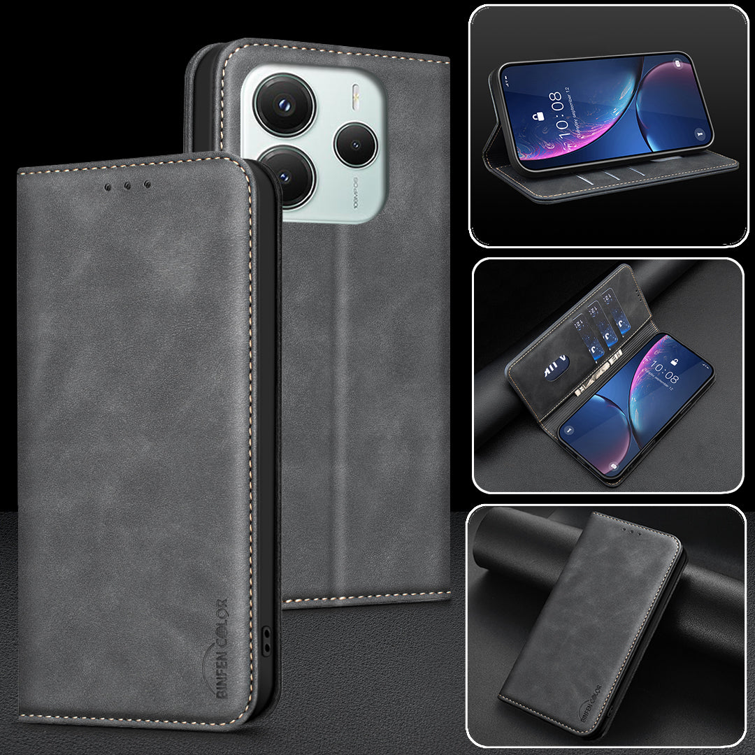 BINFEN COLOR for Xiaomi Poco M7 Pro 5G / Xiaomi Redmi Note 14 5G RFID Blocking Calf Texture PU Leather Phone Cover
