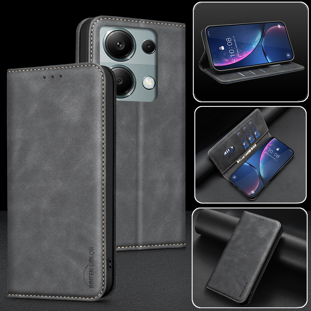 BINFEN COLOR för Xiaomi Poco M6 Pro 4G / Xiaomi Redmi Note 13 Pro 4G RFID-blockerande PU-läderfodral med vadstruktur