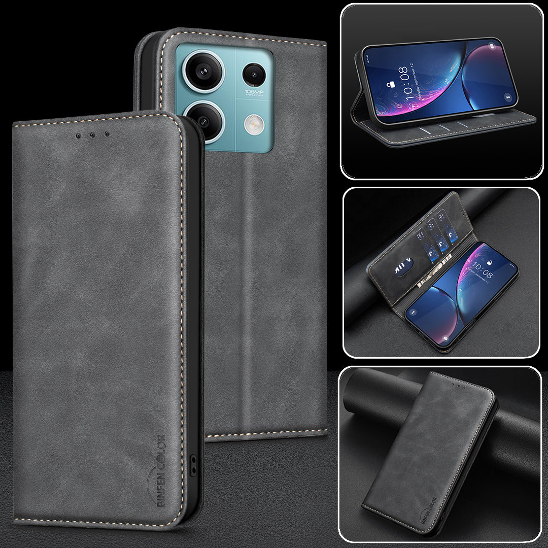 BINFEN COLOR for Xiaomi Redmi Note 13 5G RFID Blocking Calf Texture PU Leather Phone Cover