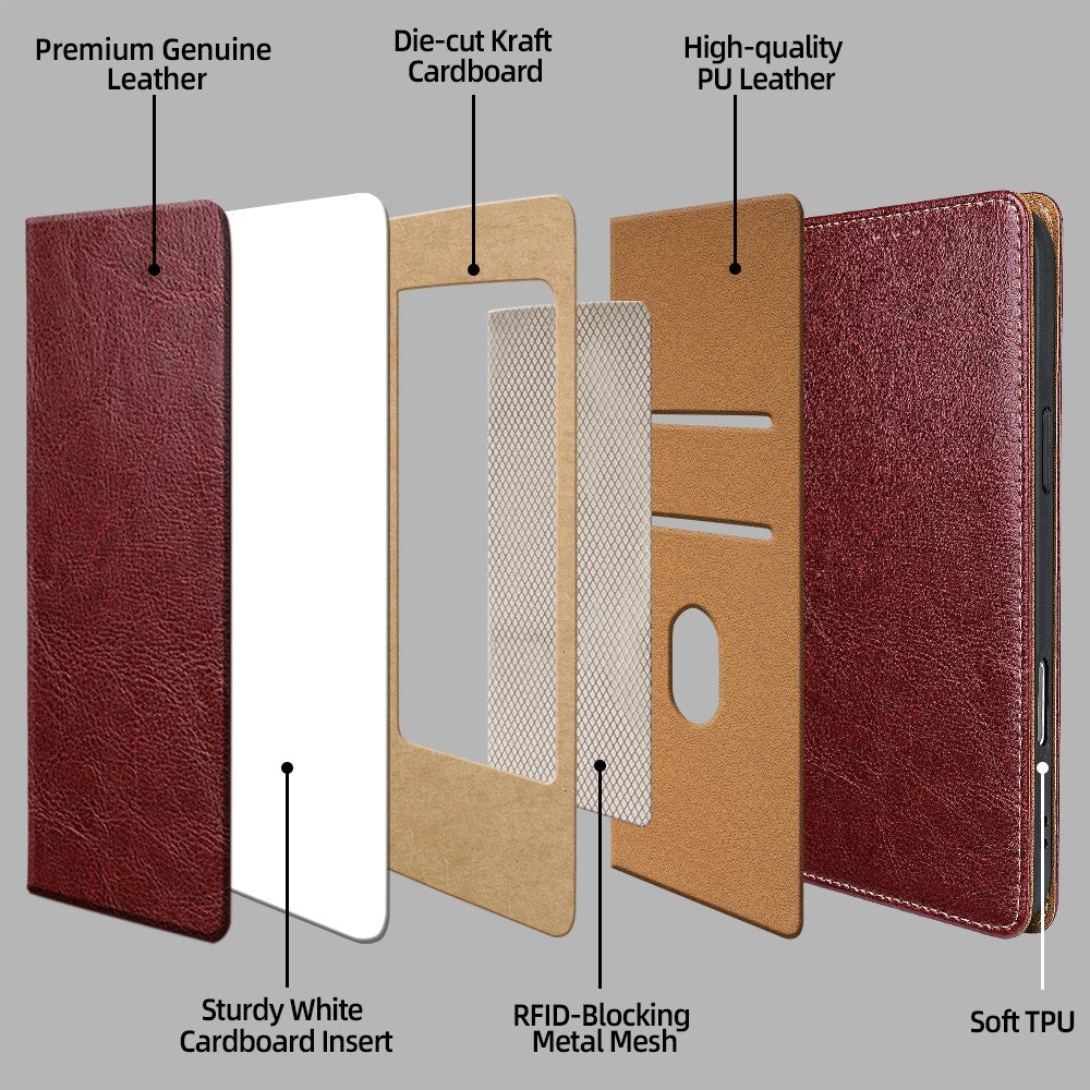 For Honor Power2 5G Case Genuine Cow Leather Stand Mobile Phone Cover with RFID Blocking Wallet