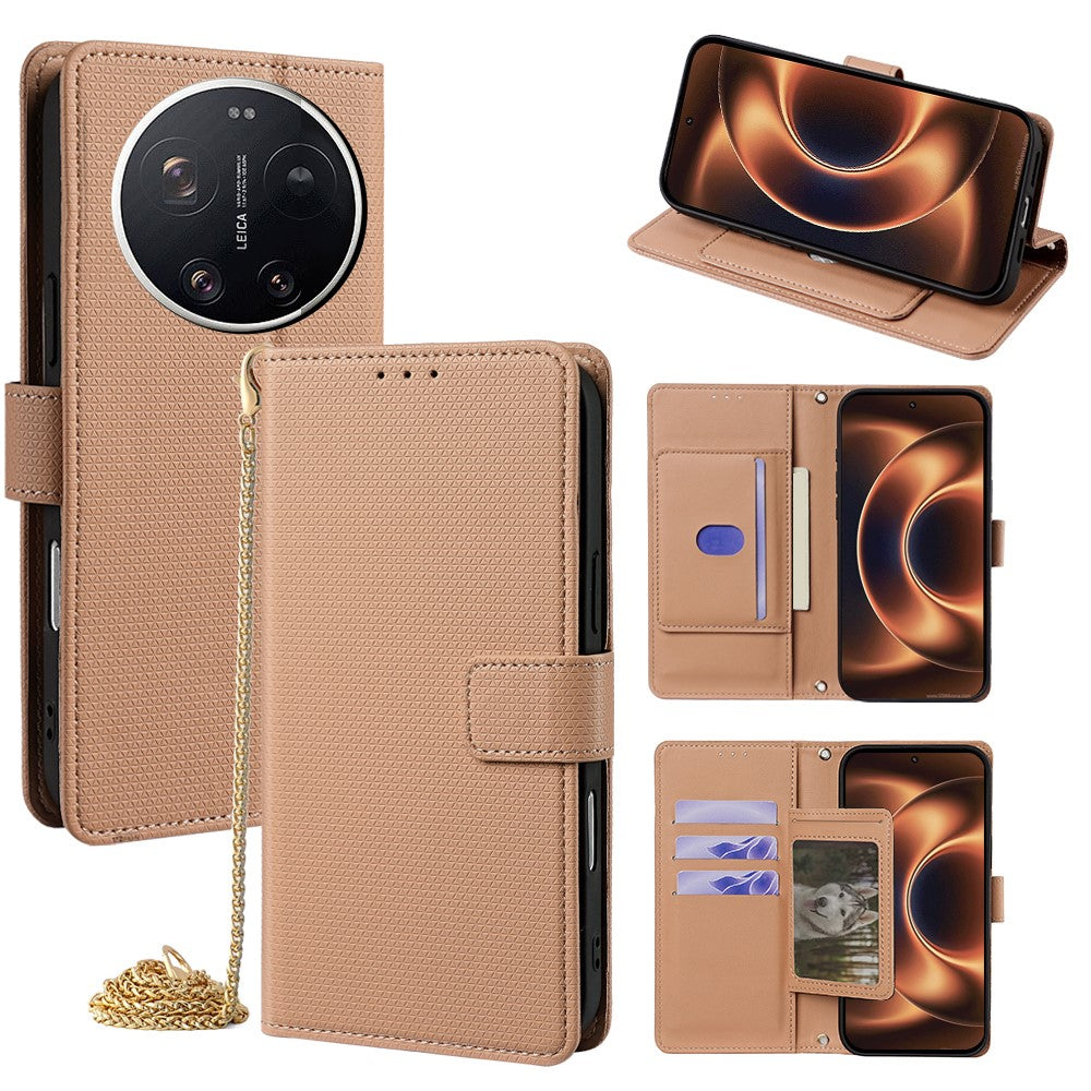 For Xiaomi 17 Ultra 5G Wallet Case Triangle Pattern Imprinted Stand Leather Phone Cover with Shoulder Strap