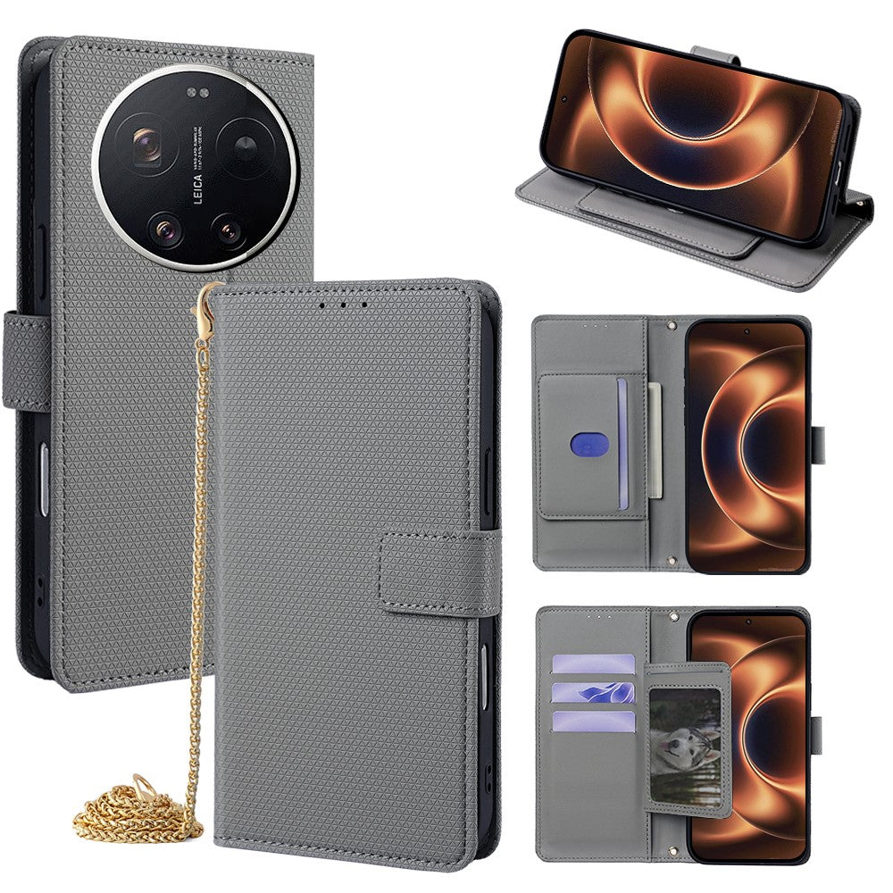 For Xiaomi 17 Ultra 5G Wallet Case Triangle Pattern Imprinted Stand Leather Phone Cover with Shoulder Strap