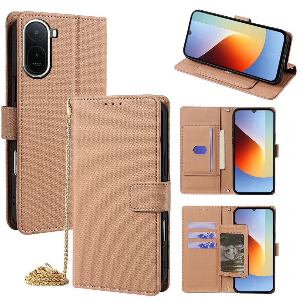 For Xiaomi Redmi A7 Pro 4G (171.56mm) Wallet Case Triangle Pattern Imprinted Stand Leather Phone Cover with Shoulder Strap