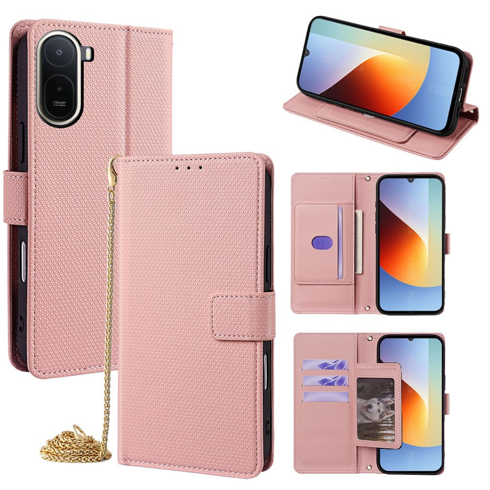 For Xiaomi Redmi A7 Pro 4G (171.56mm) Wallet Case Triangle Pattern Imprinted Stand Leather Phone Cover with Shoulder Strap