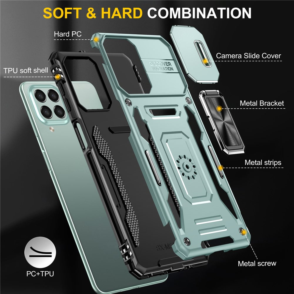 Armor-serien til Samsung Galaxy M53 5G Beskyttelsescover til telefonen af PC + TPU med kickstand og skydelåg til kameraet