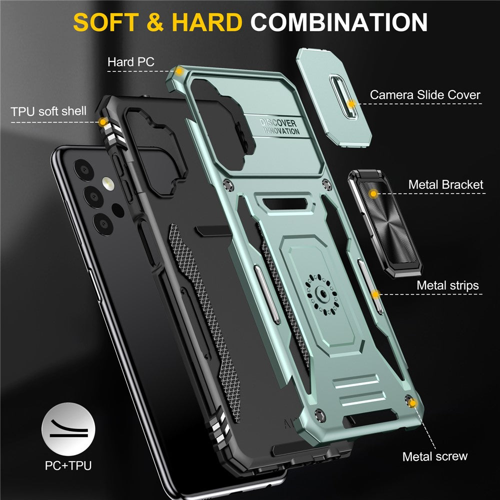 Armor Series til Samsung Galaxy A13 4G / 5G Slide Kamera Beskytter Kickstand Telefoncover PC + TPU Beskyttelsescover