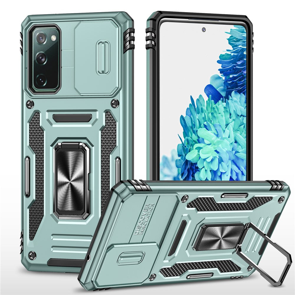 Armor-serien för Samsung Galaxy S20 FE 4G / 5G / S20 FE 2022 / S20 Lite Stativdesign Stötsäkert mobilskal PC + TPU Skyddande bakstycke med glidande kameraskydd