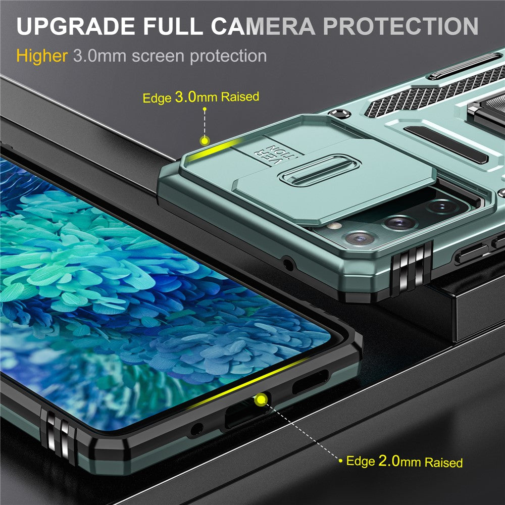Armor-serien för Samsung Galaxy S20 FE 4G / 5G / S20 FE 2022 / S20 Lite Stativdesign Stötsäkert mobilskal PC + TPU Skyddande bakstycke med glidande kameraskydd