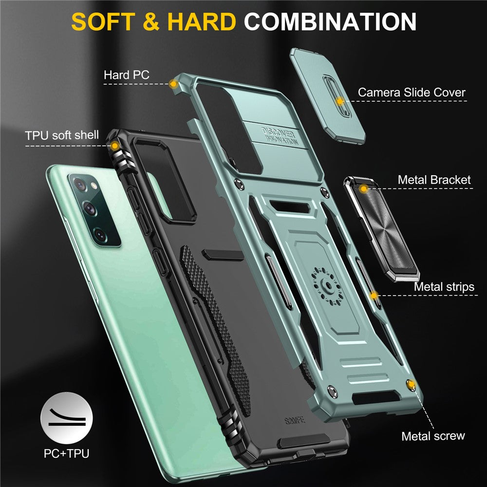 Armor-serien för Samsung Galaxy S20 FE 4G / 5G / S20 FE 2022 / S20 Lite Stativdesign Stötsäkert mobilskal PC + TPU Skyddande bakstycke med glidande kameraskydd