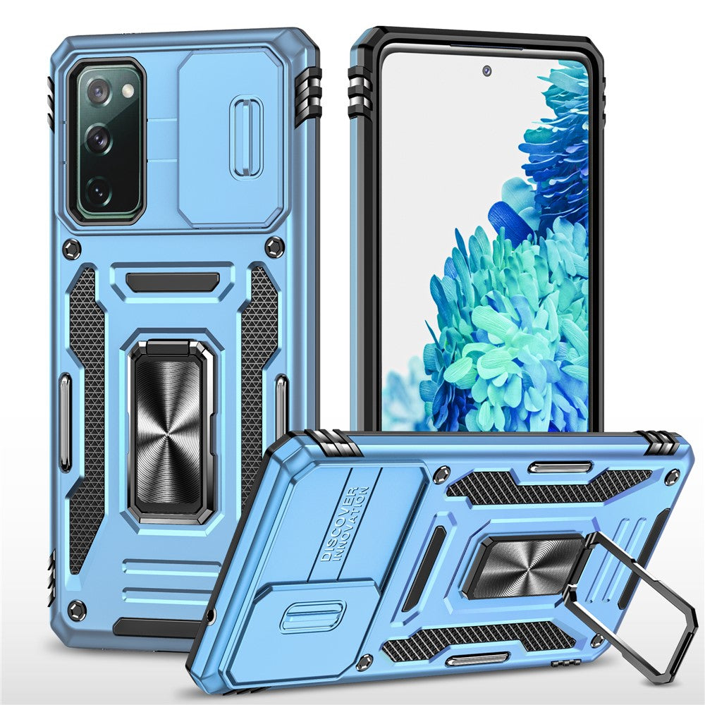 Armor-serien för Samsung Galaxy S20 FE 4G / 5G / S20 FE 2022 / S20 Lite Stativdesign Stötsäkert mobilskal PC + TPU Skyddande bakstycke med glidande kameraskydd