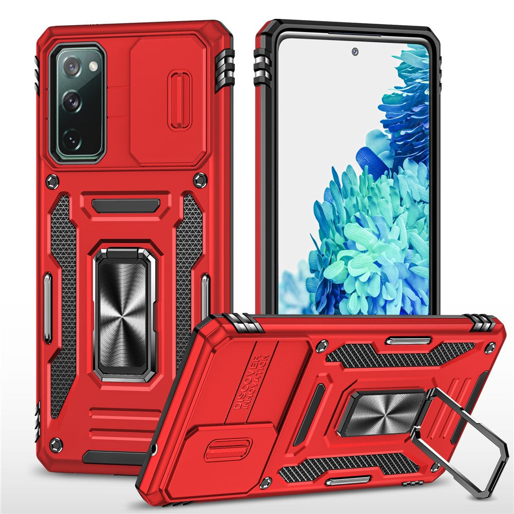 Armor-serien för Samsung Galaxy S20 FE 4G / 5G / S20 FE 2022 / S20 Lite Stativdesign Stötsäkert mobilskal PC + TPU Skyddande bakstycke med glidande kameraskydd