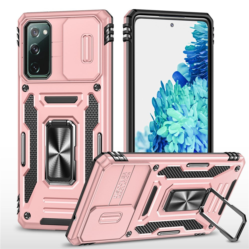 Armor-serien för Samsung Galaxy S20 FE 4G / 5G / S20 FE 2022 / S20 Lite Stativdesign Stötsäkert mobilskal PC + TPU Skyddande bakstycke med glidande kameraskydd