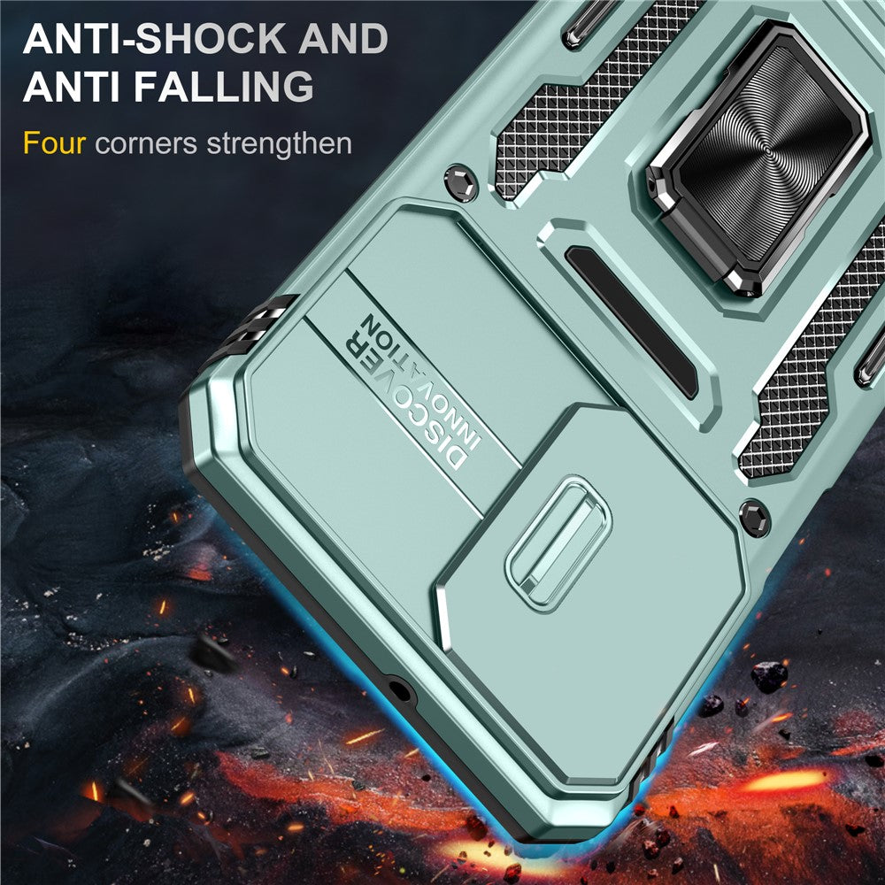 Armor Series til Samsung Galaxy A23 4G / 5G (Global Version) Kickstand Design Telefoncover PC + TPU Beskyttende Bagcover med Skydbart Kameradæksel