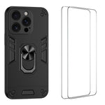 WANLONFENG for iPhone 15 Pro Max YS Series Case Kicktand Shockproof PC TPU Phone Cover with 2Pcs Tempered Glass Film