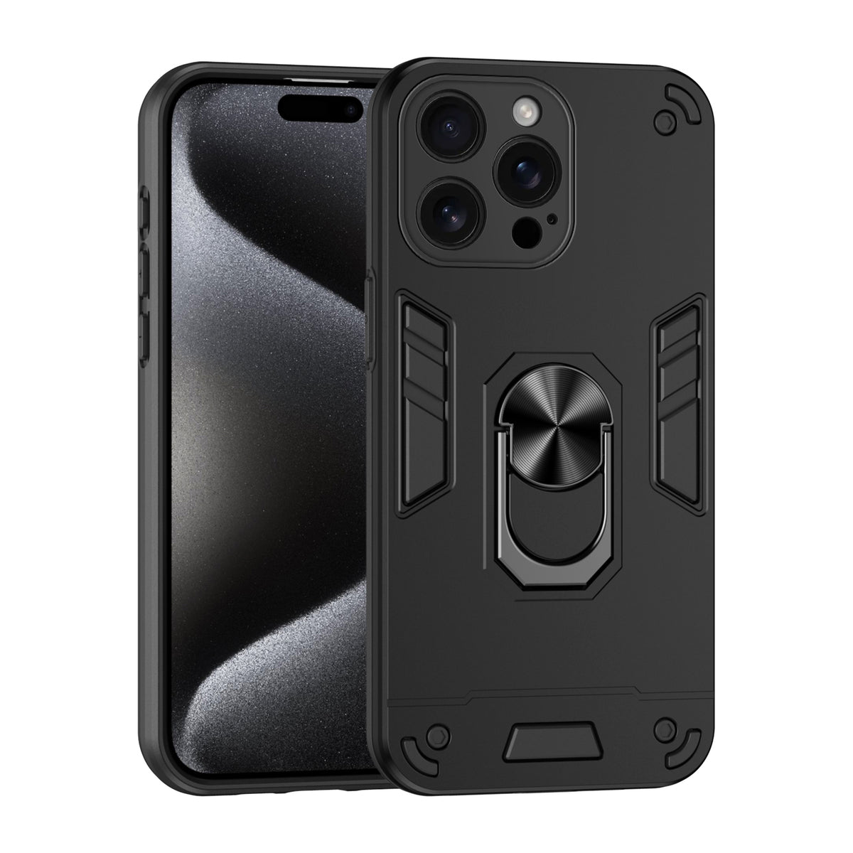 WANLONFENG for iPhone 15 Pro Max YS Series Case Kicktand Shockproof PC TPU Phone Cover with 2Pcs Tempered Glass Film
