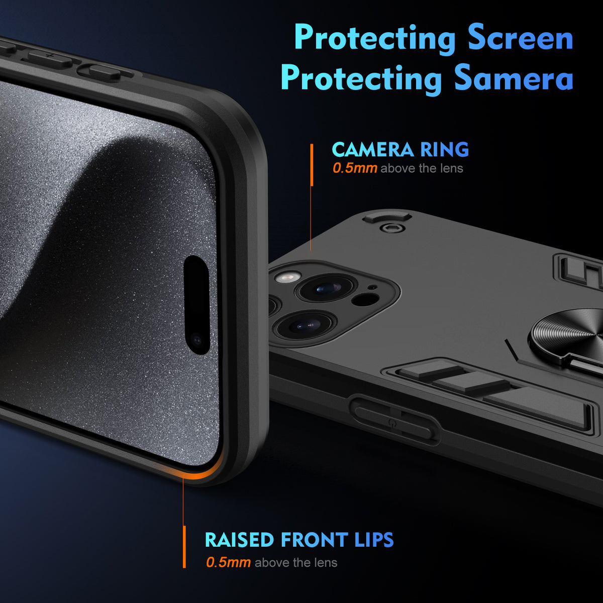 WANLONFENG for iPhone 15 Pro Max YS Series Case Kicktand Shockproof PC TPU Phone Cover with 2Pcs Tempered Glass Film