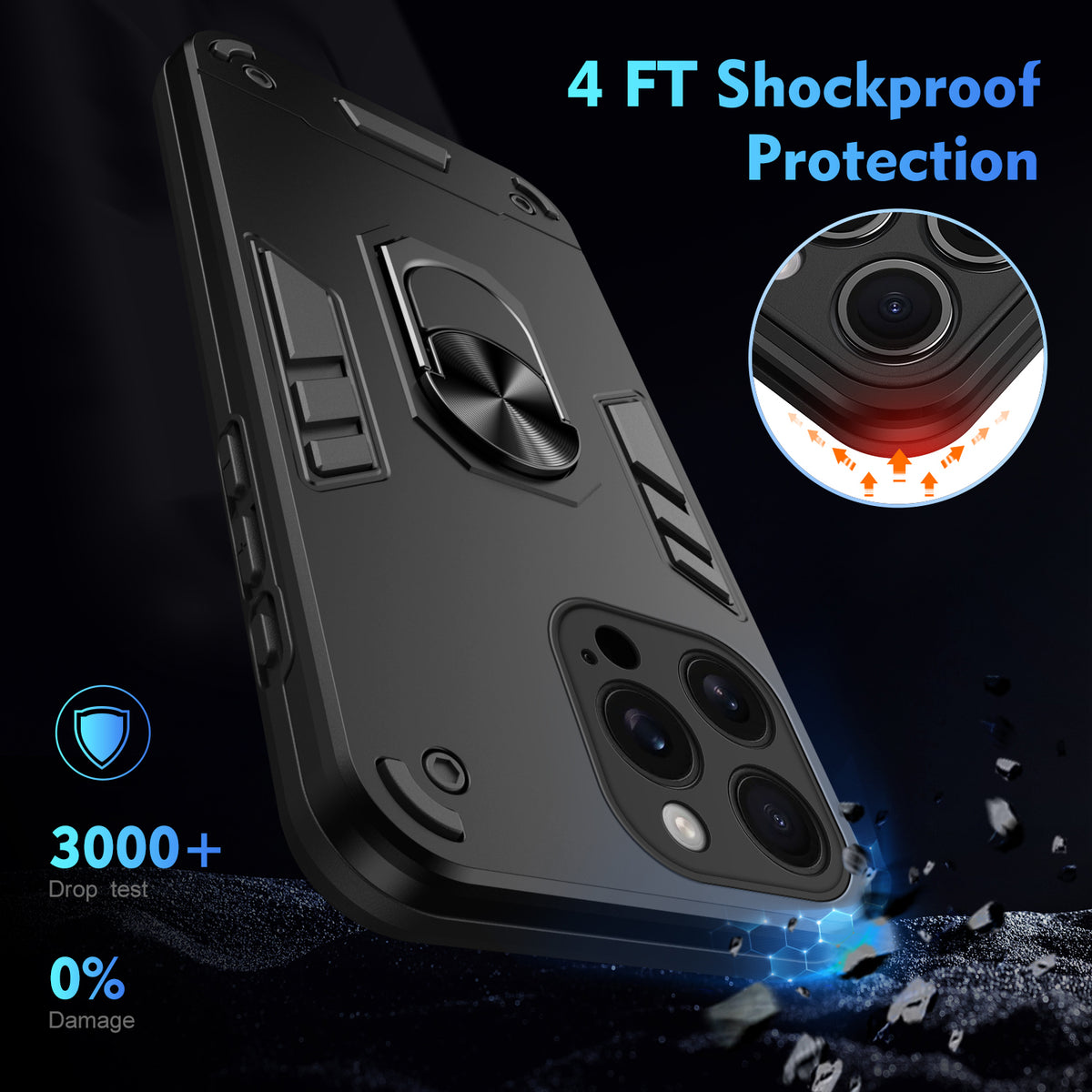 WANLONFENG for iPhone 15 Pro Max YS Series Case Kicktand Shockproof PC TPU Phone Cover with 2Pcs Tempered Glass Film