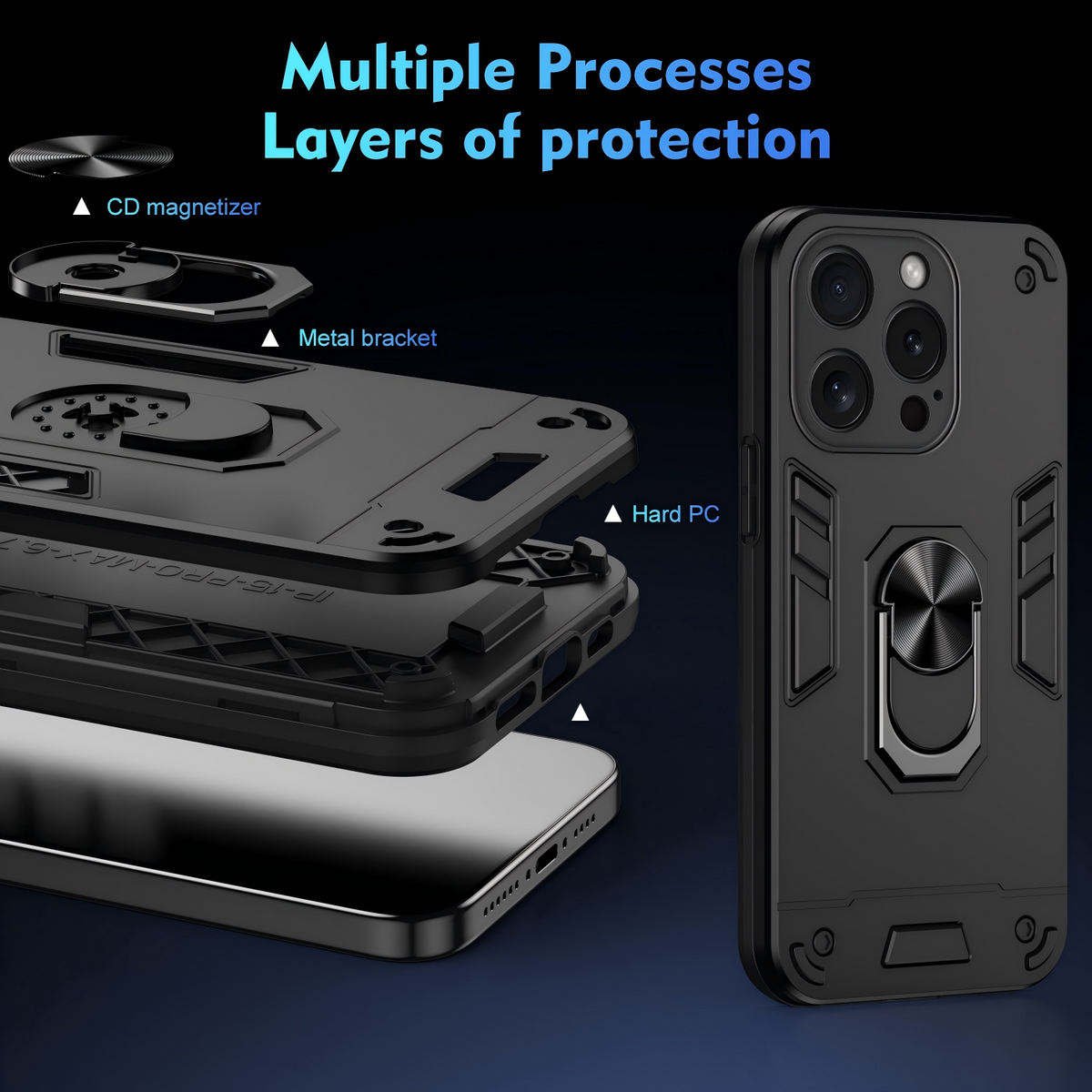 WANLONFENG for iPhone 15 Pro Max YS Series Case Kicktand Shockproof PC TPU Phone Cover with 2Pcs Tempered Glass Film