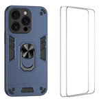 WANLONFENG for iPhone 15 Pro YS Series Case Kicktand Shockproof PC TPU Phone Cover with 2Pcs Tempered Glass Film