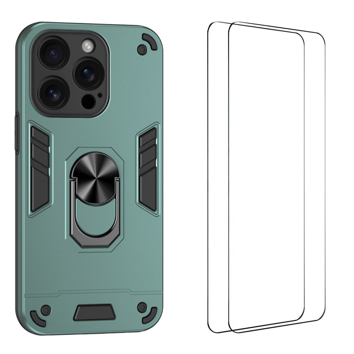 WANLONFENG for iPhone 15 Pro YS Series Case Kicktand Shockproof PC TPU Phone Cover with 2Pcs Tempered Glass Film