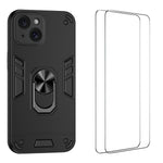 WANLONFENG for iPhone 15 YS Series Case Kicktand Shockproof PC TPU Phone Cover with 2Pcs Tempered Glass Film