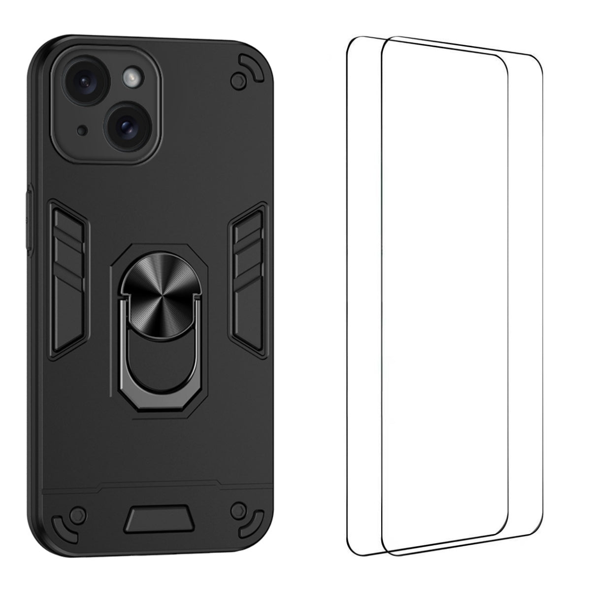 WANLONFENG for iPhone 15 YS Series Case Kicktand Shockproof PC TPU Phone Cover with 2Pcs Tempered Glass Film