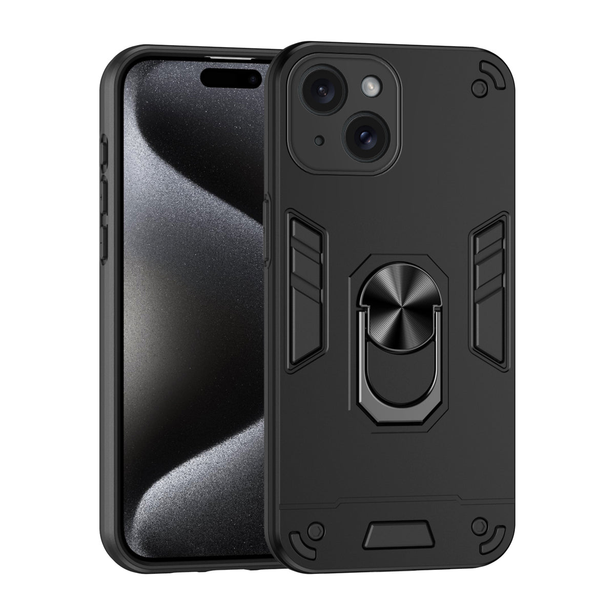 WANLONFENG for iPhone 15 YS Series Case Kicktand Shockproof PC TPU Phone Cover with 2Pcs Tempered Glass Film
