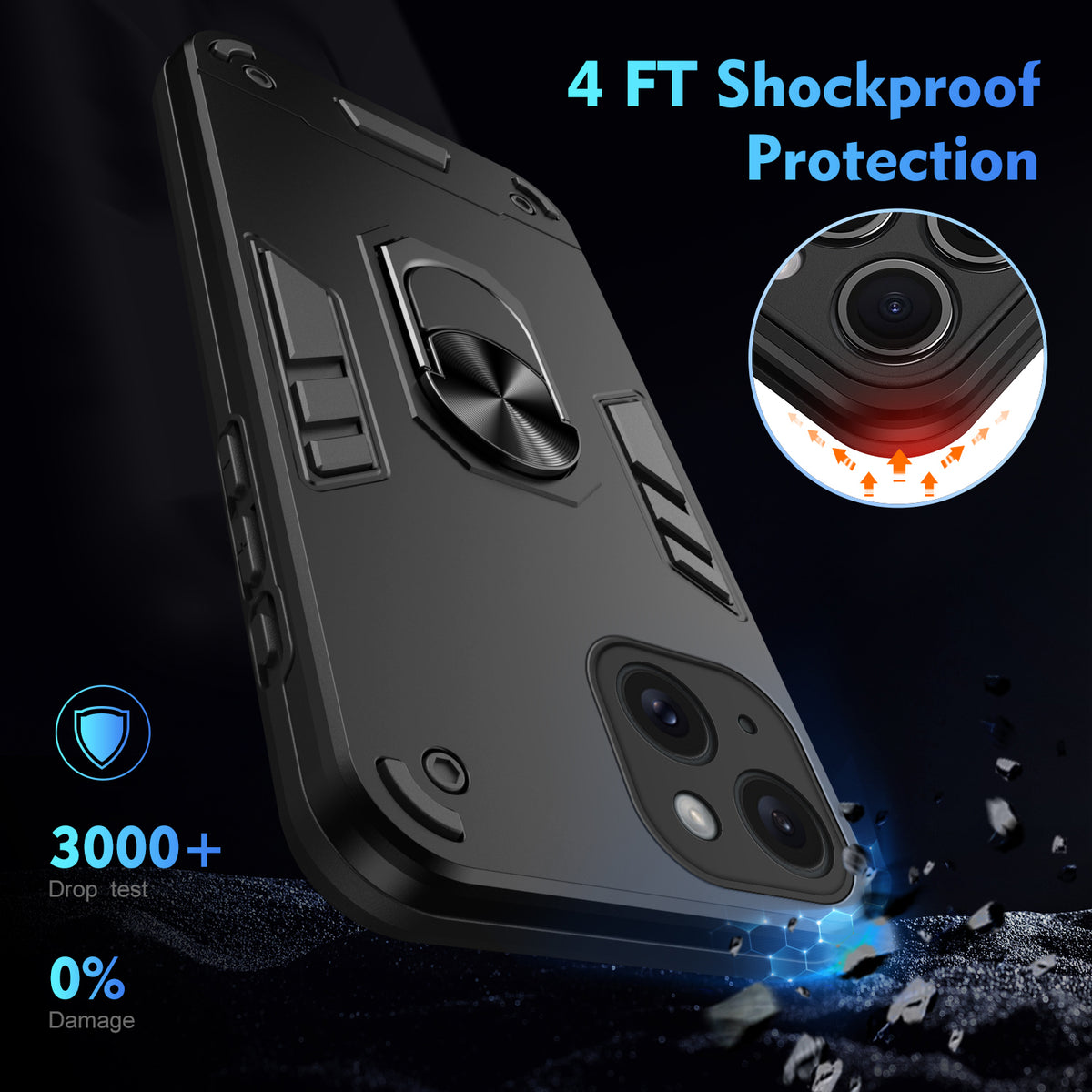 WANLONFENG for iPhone 15 YS Series Case Kicktand Shockproof PC TPU Phone Cover with 2Pcs Tempered Glass Film