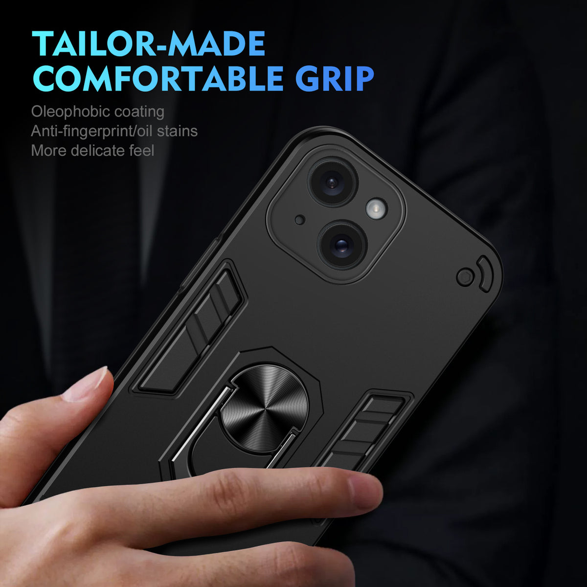 WANLONFENG for iPhone 15 YS Series Case Kicktand Shockproof PC TPU Phone Cover with 2Pcs Tempered Glass Film