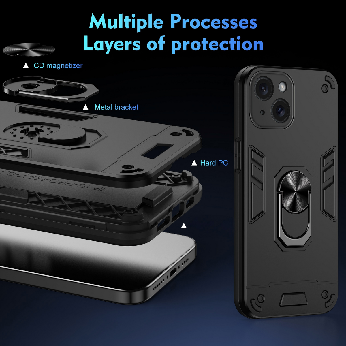WANLONFENG for iPhone 15 YS Series Case Kicktand Shockproof PC TPU Phone Cover with 2Pcs Tempered Glass Film