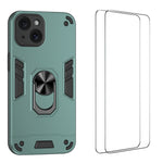 WANLONFENG for iPhone 15 YS Series Case Kicktand Shockproof PC TPU Phone Cover with 2Pcs Tempered Glass Film