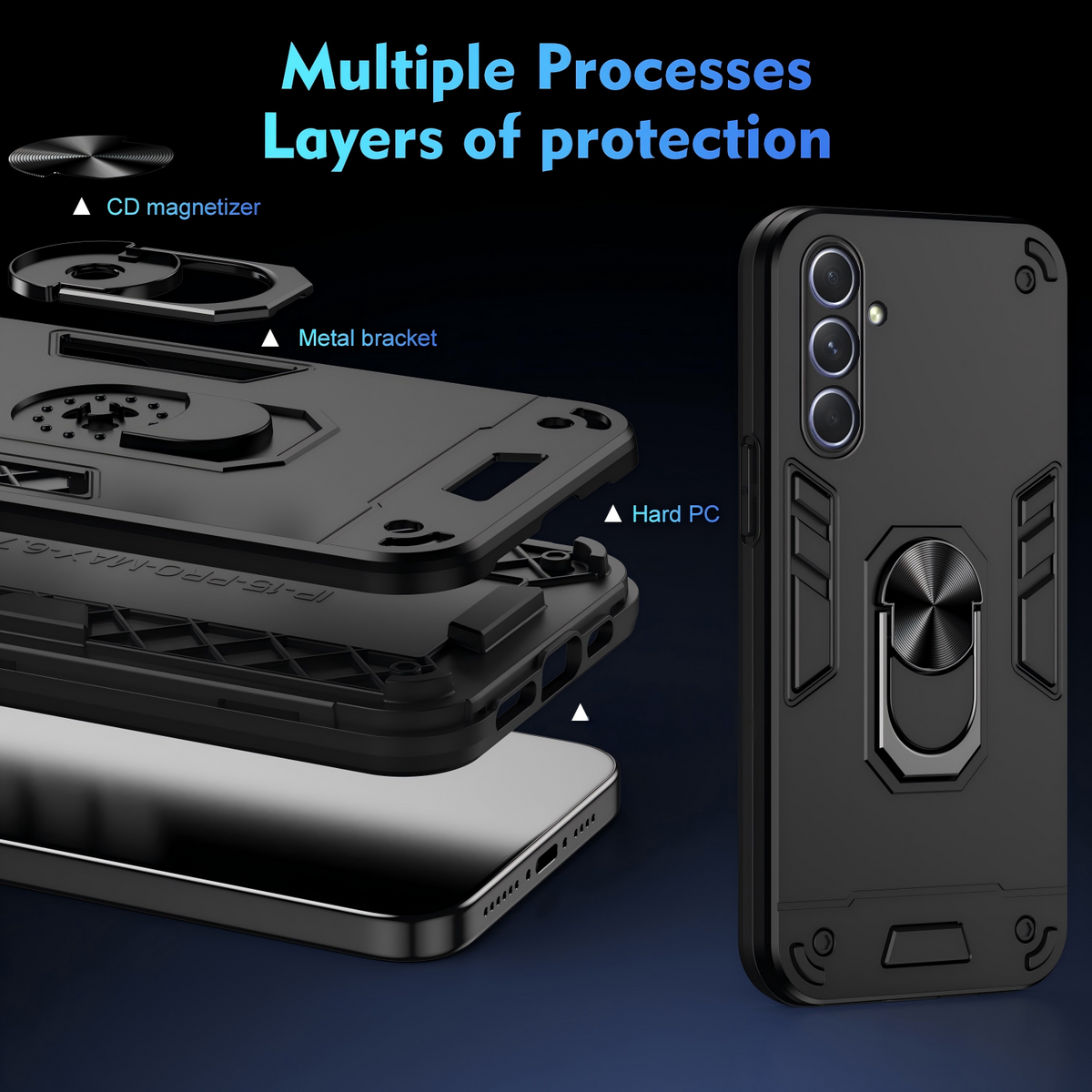 WANLONFENG til Samsung Galaxy A55 5G YS Series Cover Kicktand Stødsikkert PC TPU Telefoncover med 2 stk. Hærdet Glasfilm